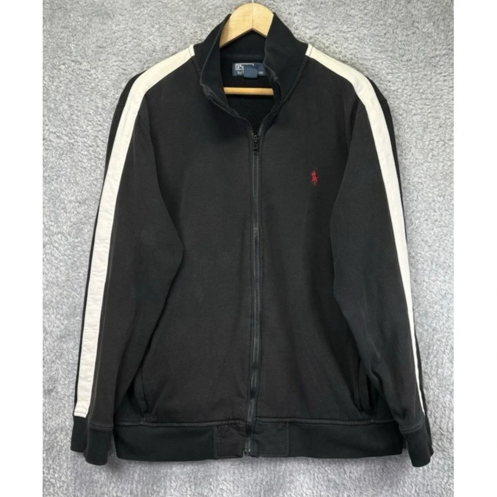 VTG 90s Polo Ralph Lauren Mens XL Track Jacket Black White Stripe Full Zip